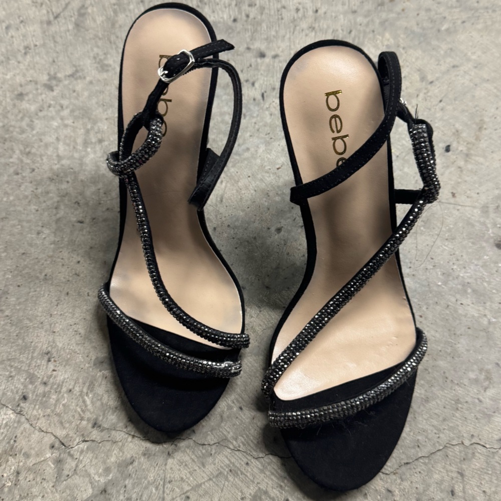 Bebe Black Silver Rhinestone Strappy‎ Heels Size 8 Party Going Out